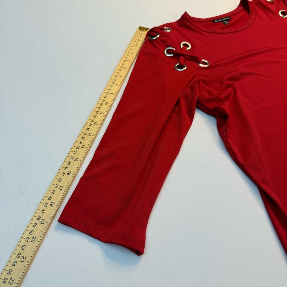 Alison‎ Andrews Red Top Large Grommet Lace-Up Shoulder Long Sleeve Blouse - Picture 9 of 12